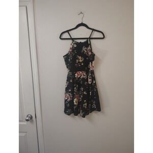Love Chesley Womens Floral Skater Dress Black‎ Pink Rose Halter Neck Mini Medium